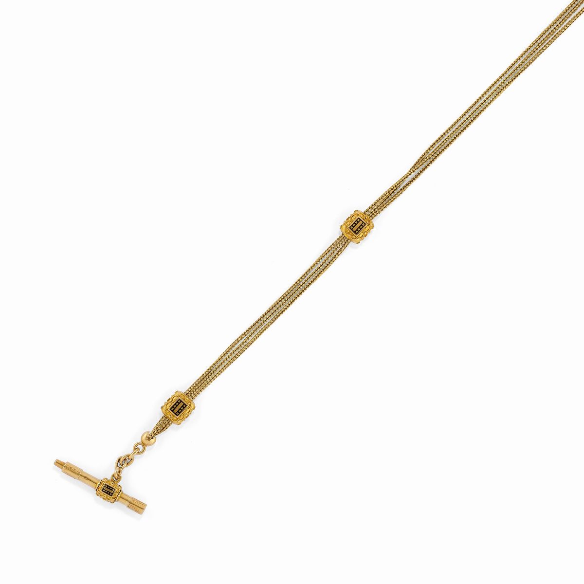 Cinque catene da orologio in oro giallo e rosso 18K, varie forme e lunghezze