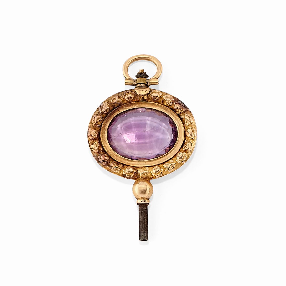 Quattordici chiavette da orologio in oro giallo e rosso 18K con ametista e corniola