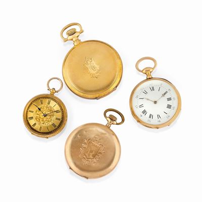 Quattro orologi da tasca in oro 12k, 14k e 18k