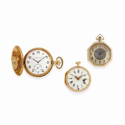 Tre orologi da tasca, oro giallo 18k e 9K, meccanismi a carica manuale