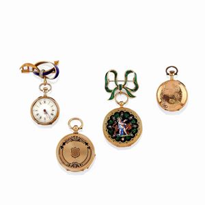 Four 18K yellow gold, enamel and diamond pocket watches, defects