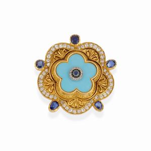 A 18k yellow gold, sapphire, diamond and enamel brooch, early 20th Century
