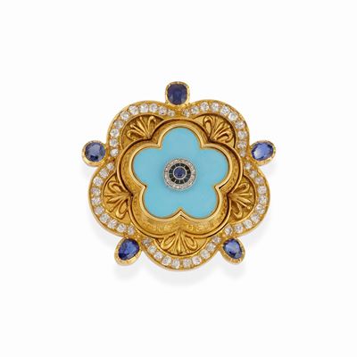 Spilla in oro giallo 18k con zaffiri, diamanti e smalto turchese, inizi XX secolo
