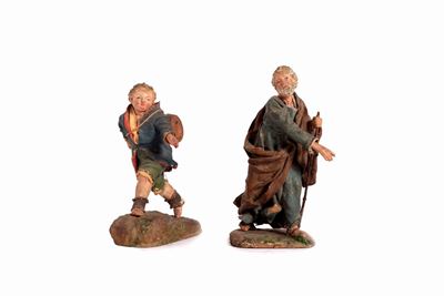 Lotto Composto da Due Statuine Policrome da Presepe in Legno e Cartapesta, Sicilia Secoli XVII - ...