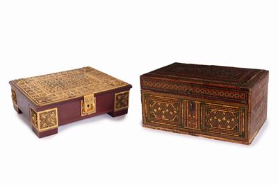 Scatola in legno intarsiato, Persia, XIX secolo e scatola in legno e bronzo dorato, XX secolo