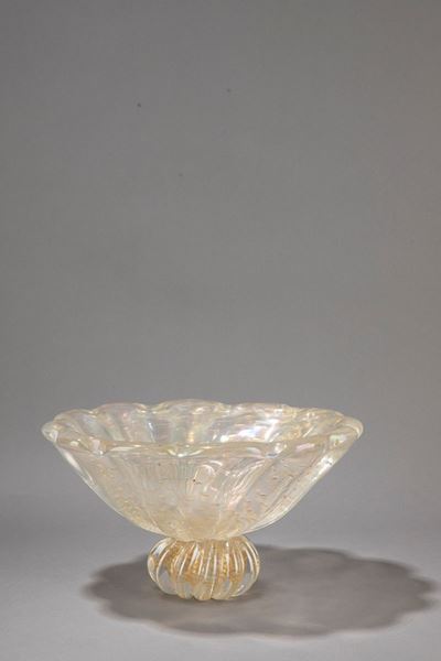 Alzata in vetro bullicante decorata in foglia d'oro, circa 1950