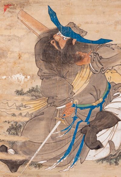 Scroll dipinto su carta con figura di guerriero, Cina o Corea, XIX secolo