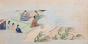 Dipinto su carta raffigurante Samurai in un interno, Giappone periodo Edo