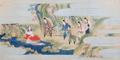Dipinto su carta, Samurai con fanciulla presso un ruscello, Giappone, periodo Edo