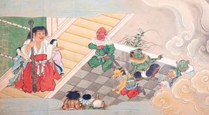 Dipinto su carta raffigurante scena di Samurai con demoni, Giappone periodo Edo