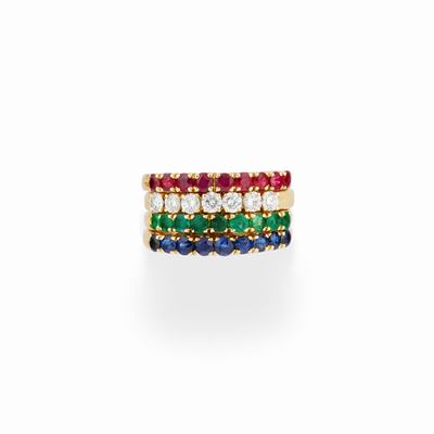 Anello in oro giallo 18K con diamanti, rubini, zaffiri e smeraldi