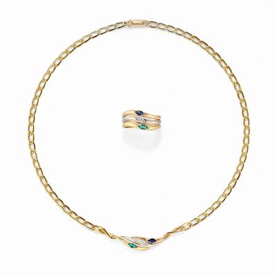 Demi-parure in oro 18K con diamanti e pietre di colore