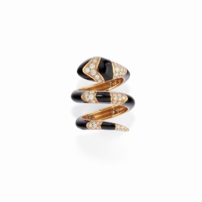 Anello in oro rosso 18K con diamanti e smalto nero