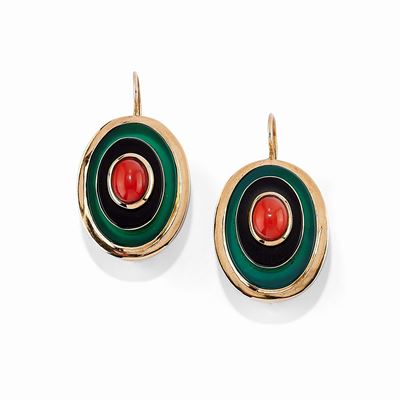 Orecchini con Onice, Corallo e Agata Verde