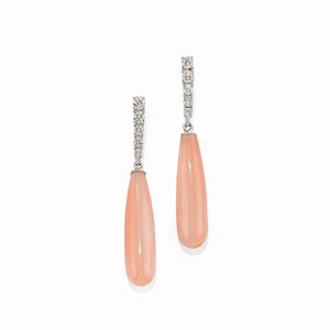A 18K white gold, coral and diamond pendant earrings