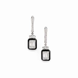 A 18K white gold, enamel and diamond earrings