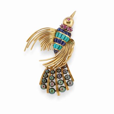 Spilla in oro giallo 18K, con perle di Tahiti, zaffiri, turchesi e rubini, circa 1960