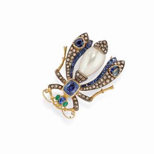  - A silver, pearl, diamond and color stone brooch-pendant