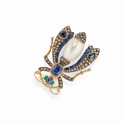 Spilla-pendente in argento con perla coltivata, diamanti, zaffiri e smeraldi