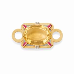  - Spilla in oro giallo 18K con citrino, rubini e diamanti
