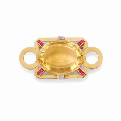 Spilla in oro giallo 18K con citrino, rubini e diamanti, design geometrico