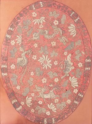 Ricamo su seta raffigurante draghi e fenici, secolo XIX