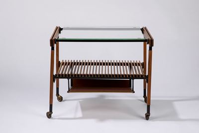 Carrello, legno, metallo e ottone con piano in vetro, circa 1950