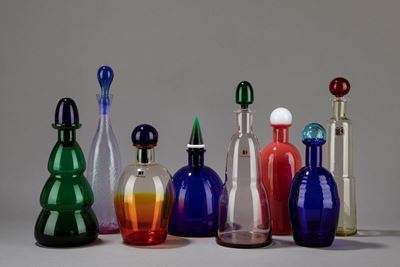 Collezione di bottiglie in vetro soffiato, 1980 ca.
