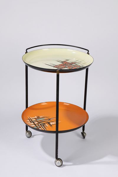 Carrello bar in acciaio smaltato, ferro verniciato e ottone, circa 1960