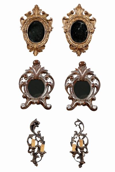 Due Coppie di Specchierine e una Coppia di Appliques in Legno Laccato e a Mecca, Secolo XX