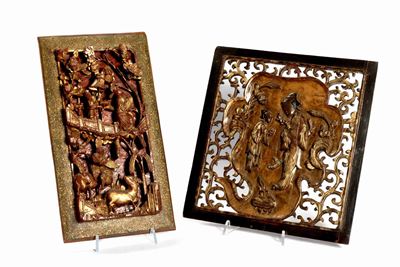 Pannelli in legno laccato e dorato, intagliati e traforati con motivi vegetali, Cina, XIX secolo