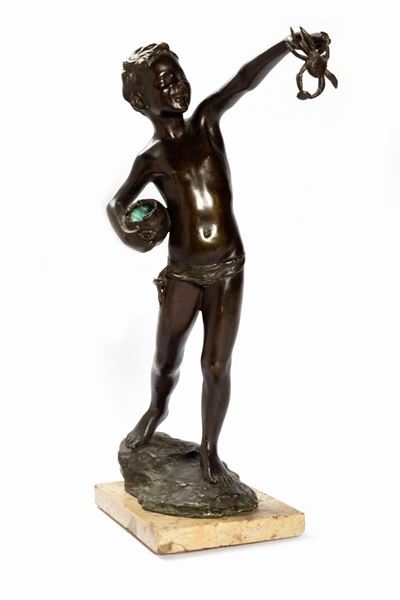 Scultura in Bronzo Raffigurante Giovane Pescatore, Napoli Secolo XIX