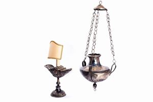  - Lot consisting of a thurible and a lamp-mounted ship in silver-plated metal, 18th century