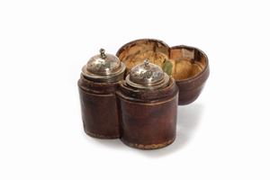  - Pair of silver containers within a leather case, 19th century