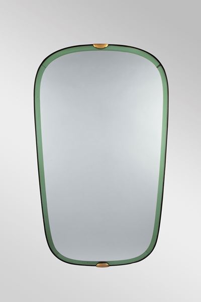 Specchio da parete in vetro specchiato, cristallo e ottone, circa 1960