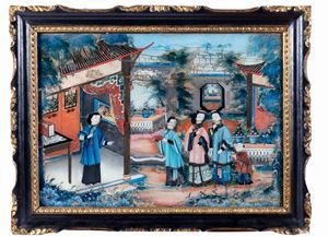 Under glass painting depicting a court scene in a garden, China, early 19th century