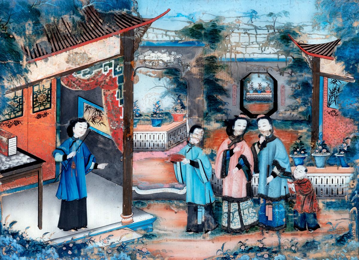 Dipinto sottovetro raffigurante scena di corte in un giardino, Cina, inizio XIX secolo