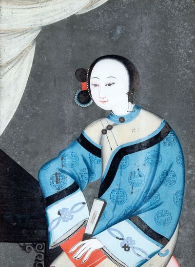 Cina, Ritratto di fanciulla con ventaglio, dipinto sottovetro, inizio secolo XIX