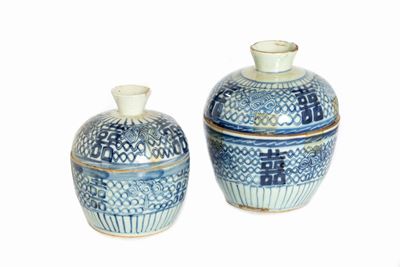 Due vasetti con coperchio in porcellana bianca e blu, Cina, secolo XIX
