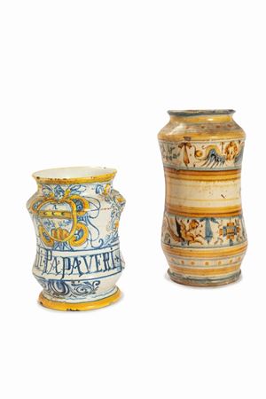 Two polychrome majolica albarelli