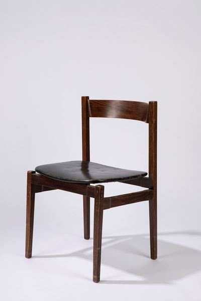 Sedia modello 107, legno e pelle, 1961