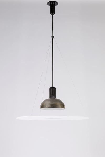 Sospensione Frisbi, lampada in acciaio cromato e metacrilato, 1978