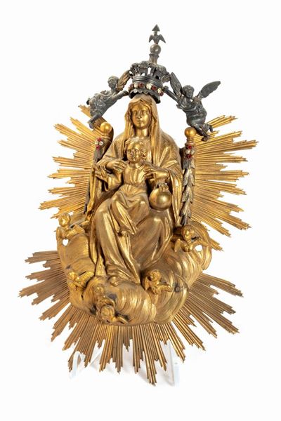 Altorilievo in Bronzo Dorato e Argento Raffigurante Madonna con Bambino in Gloria, Secolo XVIII