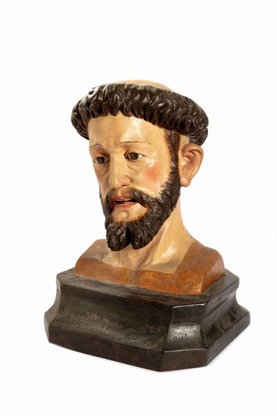 Antica Scultura in Legno Laccato Raffigurante Testa di San Francesco D'assisi