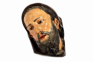  - Old lacquered wooden sculpture depicting a friar's head