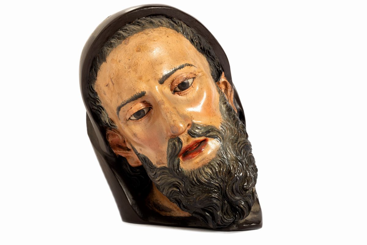 Antica Scultura in Legno Laccato Raffigurante Testa di Frate