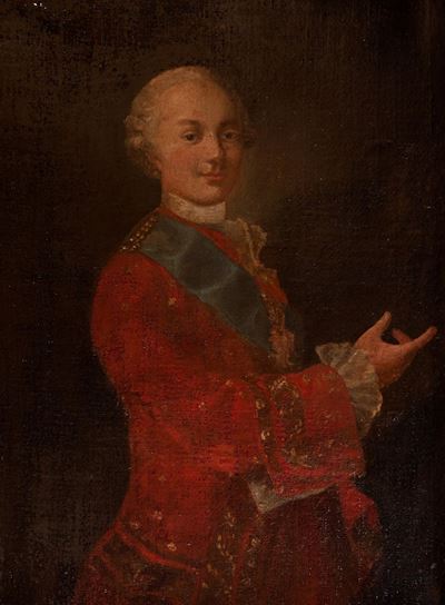 Ritratto di Giovane Gentiluomo a Tre Quarti di Figura con Marsina Rossa, Camicia di Pizzo e Fasci...