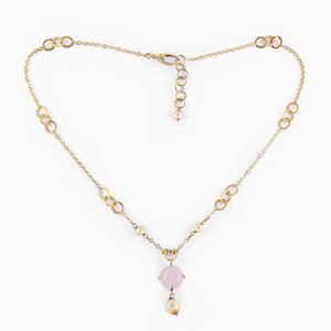 A 18K yellow gold, pearl and rose quartz necklace