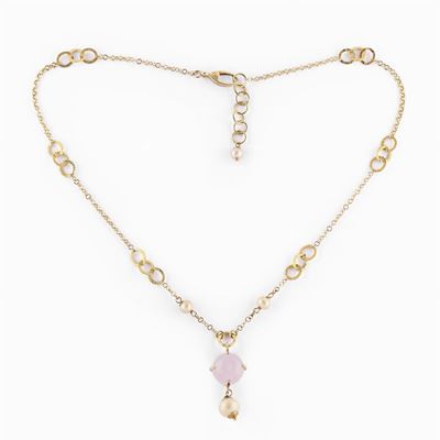 Collana in Oro 18k, Perle Coltivate e Quarzo Rosa