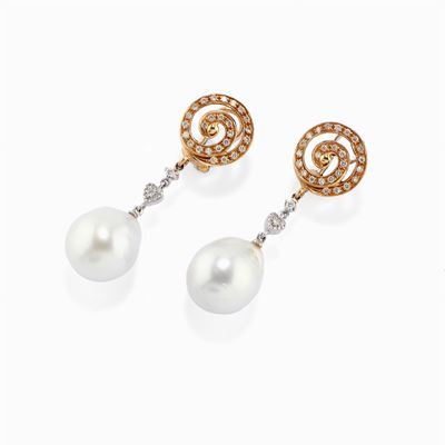Orecchini in Oro Bicolore 18k, Diamanti e Perle Coltivate